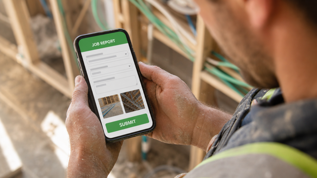 An electrician completing a job form on a phone at a work site