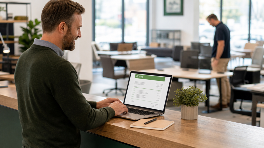 A salesperson building a customer quote on a laptop in a furniture showroom