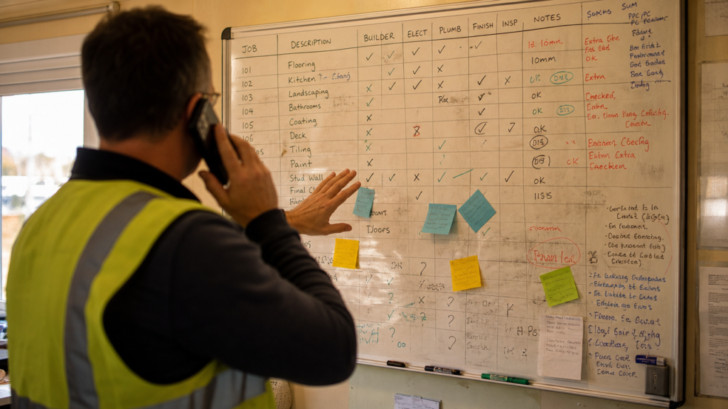 Work in progress across a busy site, several jobs at different stages